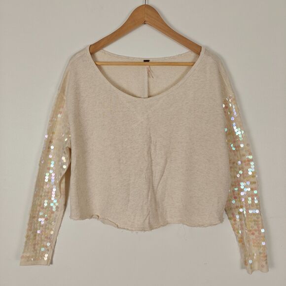 Free People Sequin Sleeves Crop Raw Hem Beige Sweatshirt Size XS Y2K Fairy - Picture 1 of 9
